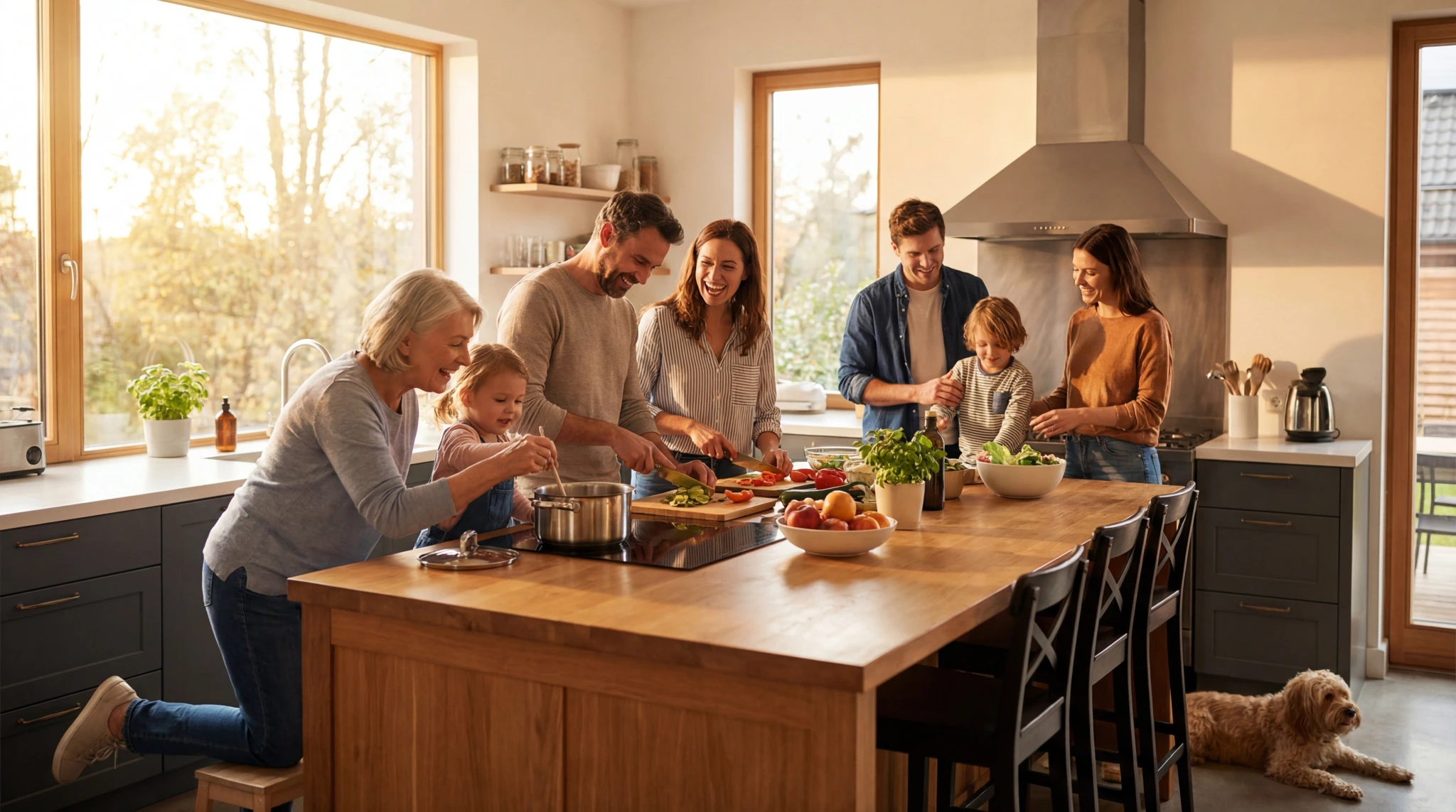 Familia cocinando junta en la isla de la cocina